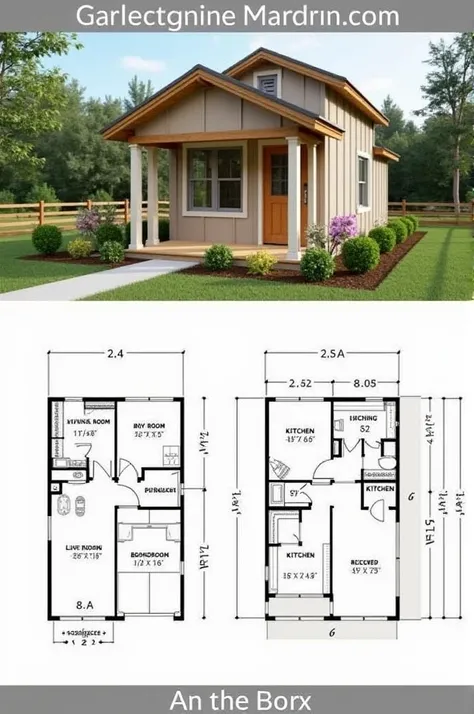 Small house plan with one room, A room, a kitchen, y A room