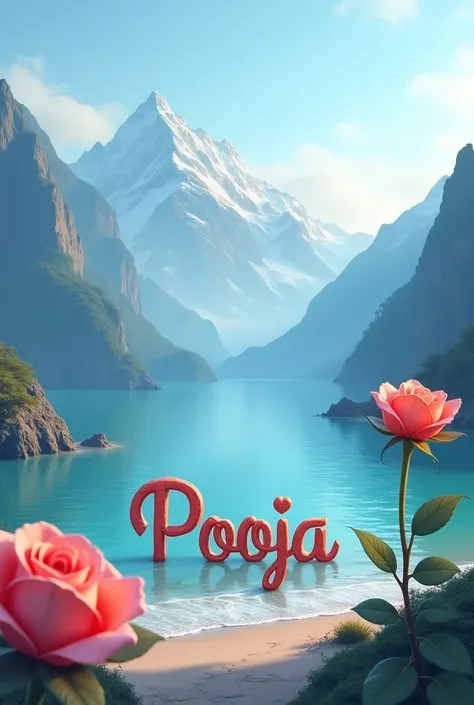 Write the name pooja between the sea and the mountains and also a rose flower