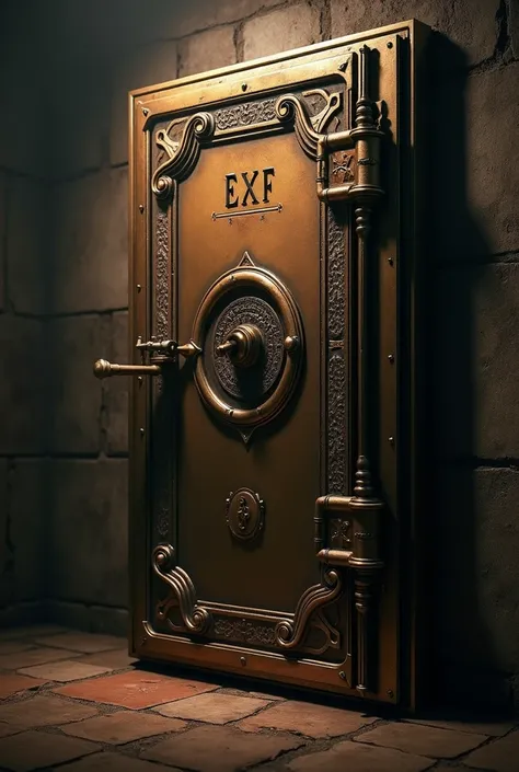 a door of an old safe, engraved letters "EXF", hyper realistic, 8k, photorealistic, physically-based rendering, extreme detail, best quality, dramatic lighting, moody atmosphere, intricate textures, aged and weathered metal, tarnished brass, high dynamic r...