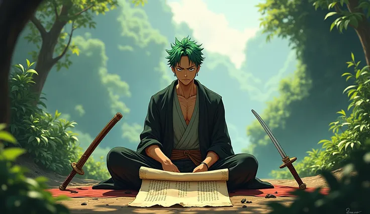 Zoro character from one piece studying 