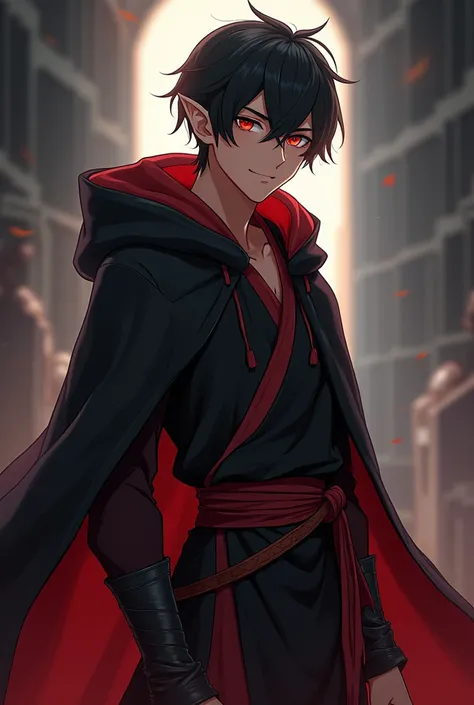 3d rendering style; 3d anime style; 3D Game style; Dark fantasy art an adult half-elf with brown skin and red eyes He has short, dark hair, on his face he has a charismatic and warm smile. 
He wears a black robe with a hood and a red sash around his waist....