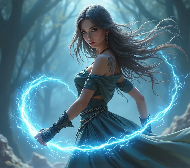 beautiful and sexy wind mage with an electric whip in her hand. . she is gorgeuos