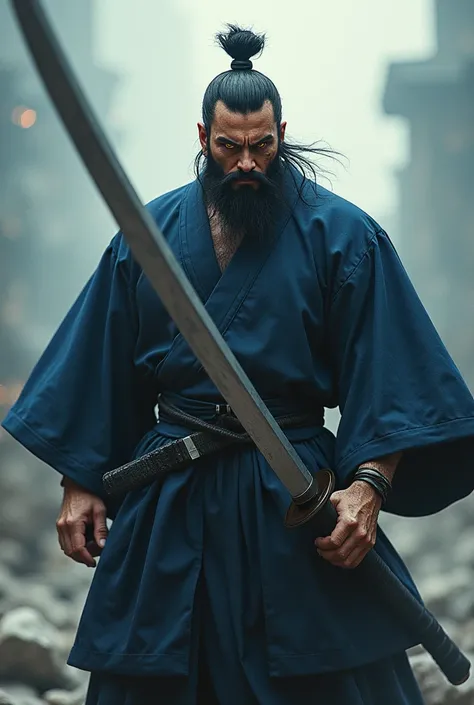 accurate, Best Quality, High resolution, Topknot, Muscular, golden eyes, Open your mouth a little, beard, Frowning, Solemn, Dutch Angle, Eye scars, Speed Lines, Surrealism, samurai,Navy blue haori and hakama,Wields a sword as tall as his back