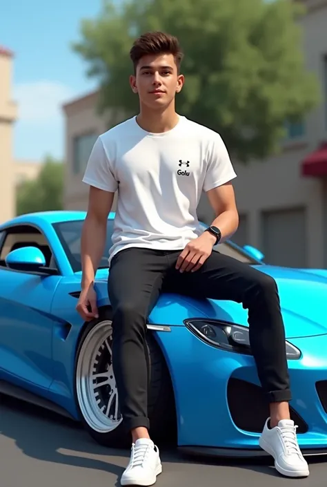 A handsome 18yr  boy wearing white t-shirt blackpant and White shoes sitting on the blue car (Golu in the t-shirt)