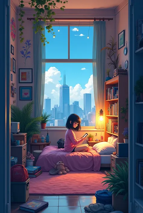 Draw an 2Danime simple art scene of small cozy messy bedroom with fairy lights on top of 14 story building clrful walls , flowerd in  pot, boiks in shelf, computer system, carpet, single light bulb hanging , late evening, loudy sky a girl sitting in floor ...