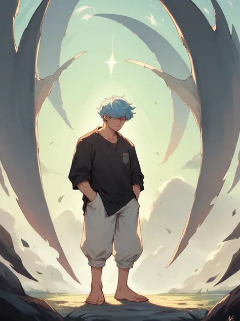 A boy with light blue hair covering his eyes and serious face and a black short-sleeved shirt and large white baggy pants and barefoot and his hands in his pockets and flying through the skies and magic coming out of his hands