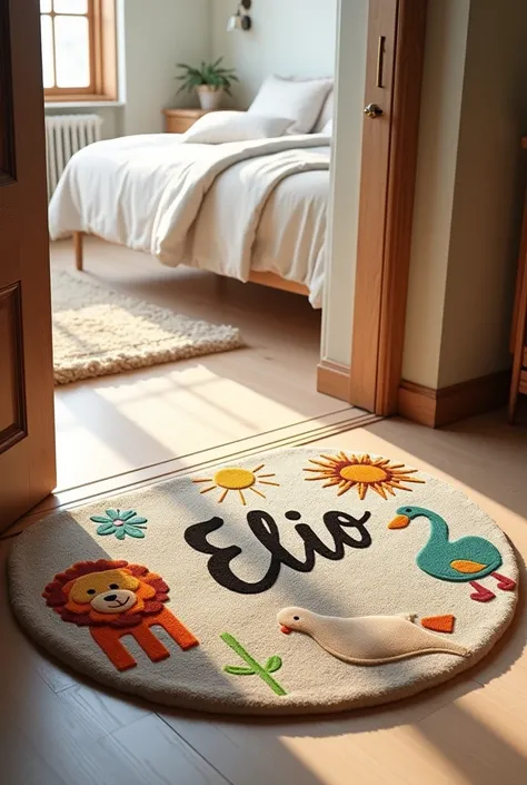 Je souhaiterais créer un tapis de porte pour la chambre avec pour élément central le prénom Elio 
Et autour les dessins suivants 
Canard 
Tractopelle 
Lion 
Soleil