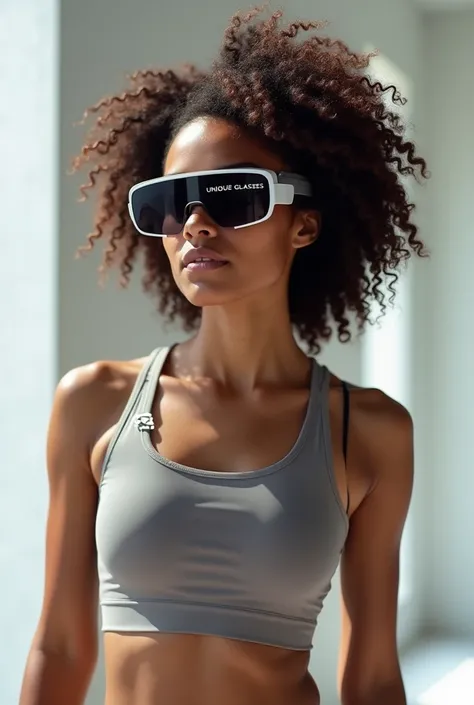 Create a prototype of a modern sports eyewear, technological and sophisticated, place the logo written “Unique Glasses” in a chic font, The glasses have a heart rate and pace meter, in a brown girl with curly hair in a casual sports outfit 