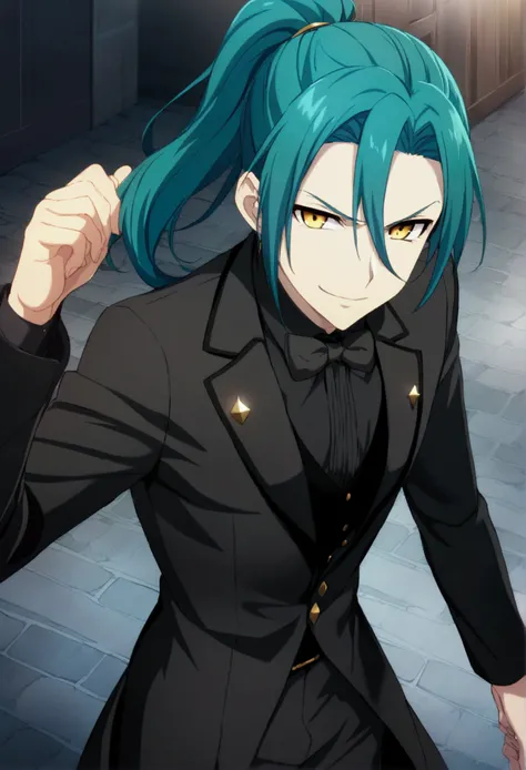 1boy, long teal ponytail hair, golden eyes, black clothes, CG, arrogant smile