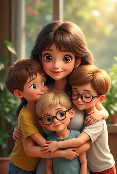 A 3 brunette mom with long hair and bangs hugging her 3 sons : a light brown teenager , a  blond boy with blue eyes wearing glasses and a very small  brown haired child 
