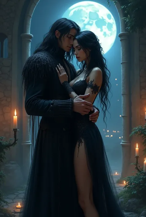 Very beautiful sexy woman, long black hair ,big nails, Beautiful breasts, princess of darkness dress,clear eyes,fullmoon ,castle,candles, homem alto forte cabelos longos negros clear eyes abraçando por traz  com carinho,going away