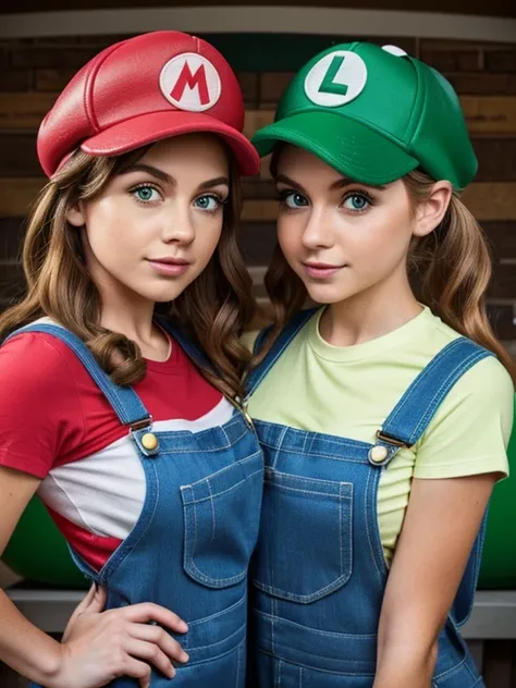 2 girls, (girl cosplaying as Mario and girl cosplaying as Luigi, {[a girl dressed as Mario has brown bob hair and Brown big eyes, super cute slightly round face, is wearing Marios red Casquette, fake mustache, a red shirt, blue overalls, and white gloves]}...