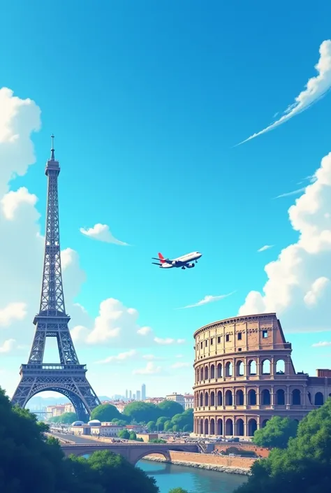 Image of Paris, torre eiffel, Rome , with blue sky and a plane 