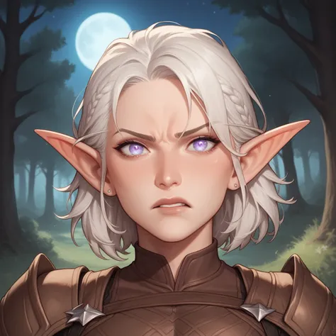 (((beautiful, high quality, perfect eyes, comics style, detailed face))), score_9, score_8_up, score_7_up, BREAK upper body, 1man, femboy, solo, elf male, white hair, thick hair, big dark-brown "doe" eyes, ((disgusted:1.2)), brown leather armor, well-craft...