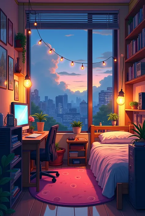 Draw an 2D anime simple art scene of small cozy messy bedroom with fairy lights on of 14 story building clrful walls , flowerd in  pot, boiks in shelf, computer system, carpet, single light bulb hanging , late evening, cloudy sky  , vibrant clr tones dim l...