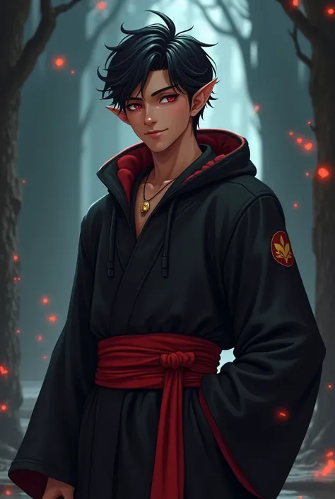 3d rendering style; 3d anime style; 3D Game style; Dark fantasy art a man with pointy ears, brown skin and red eyes His face has a lively and wise appearance He has short, dark hair, on his face he has a charismatic and warm smile. 
Wears a black robe cove...