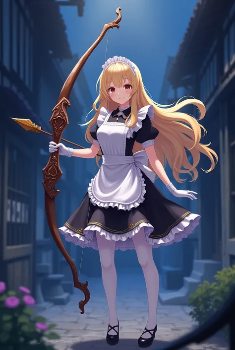 Night，blonde hair anime girl，short skirt maid outfit，White gloves，white pantyhose，Holding a huge bow and arrow￼￼