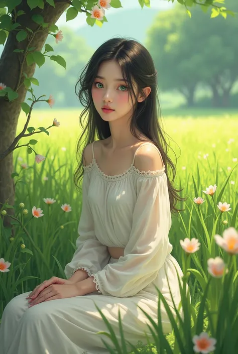 A beautiful girl with emerald green eyes wearing a white skirt and white blouse sitting in a rice field full of flowers and trees 