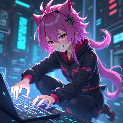 make a character similar to Arlechinno from genshin impact using a computer, as if he were a hacker. Make anime style 