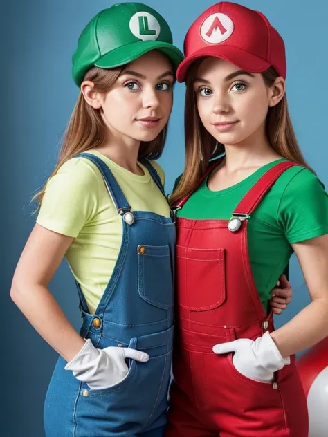 2 girls line up, (girl cosplaying as Mario and girl cosplaying as Luigi, a girl dressed as Mario has {brown bob hair} and Brown big eyes, super cute slightly round face, is wearing Marios red Casquette, a red shirt, blue overalls, and white gloves), (the o...