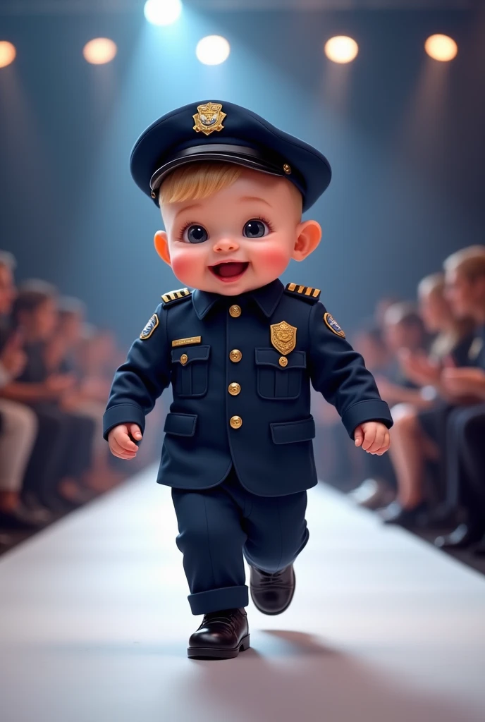 Baby dancing on the catwalk. This one is wearing a stylish police outfit .. and beret