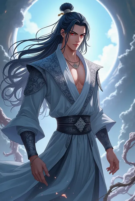 Make a Chinese cultivator manhwa cultivator,I want him with long black hair, red eyes, he wears a gray outfit with silver details, he is a handsome 30 year old man. I want it as an anime