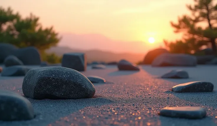 The minimalist rock garden of Ryoan-ji, with the sun setting on the horizon, casting soft shadows on the stones and creating a peaceful and meditative environment.