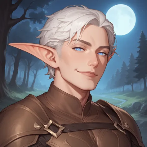 (((beautiful, high quality, perfect eyes, comics style, detailed face))), score_9, score_8_up, score_7_up, BREAK 1man, solo, elf male, white hair, thick hair, big dark-brown "doe" eyes, seductive look, ((smug)), brown leather armor, well-crafted, etched de...