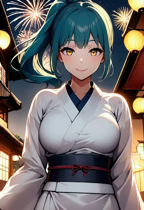 1 girl milf , solo , teal blue ponytail hair ,  yellow lihgt eyes , hot body , At a firework celebration in traditional Japanese dress on a building while fireworks are exploding in the sky, he looks at the viewer and smiles, his yellow eyes are shining.