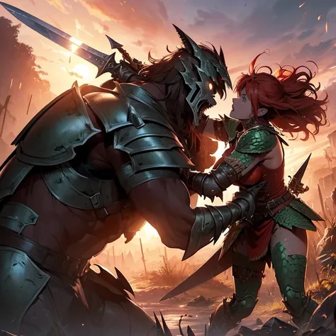 Masterpiece, absurdres, high fantasy artwork, best high quality image, carefuly detailed, very detailed features and textures, detailed color, detailed character, multiple characters, HD.
{{(a red-haired barbarian female warrior fighting against a humanoid...