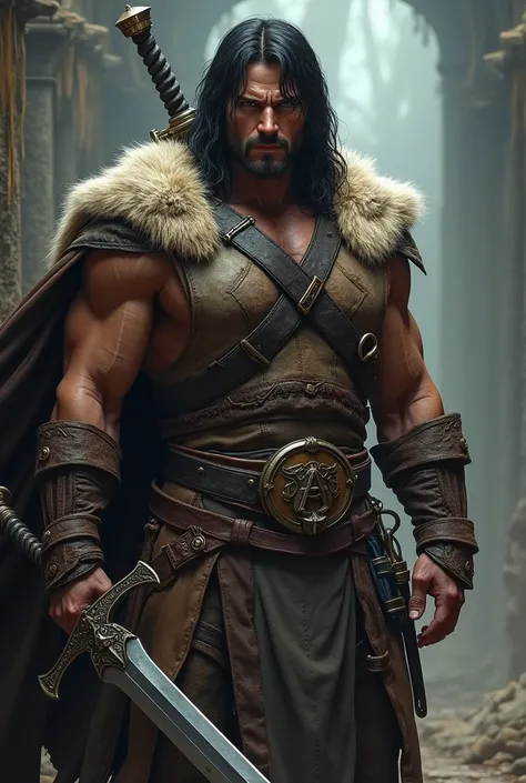 Do Conan, The barbarian, dressed in a deerskin vest, and holding a sword of Siegfried from the Soul Calibur games resting on his shoulder. Behind him the hiding.