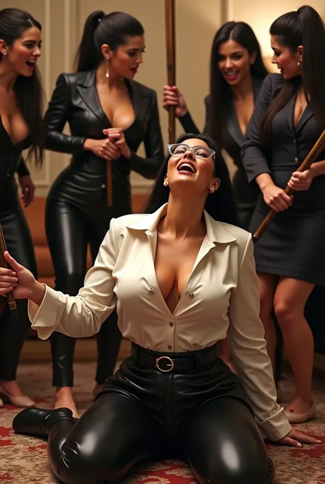 Kim Kardashian with long black straight hair in a ponytail , in a tight white satin shirt and with collar and buttons and sleeves,  big cleavage, in black latex leggings, oni trägt eine runde brille, with a wide black belt around her stomach , oni liegt in...