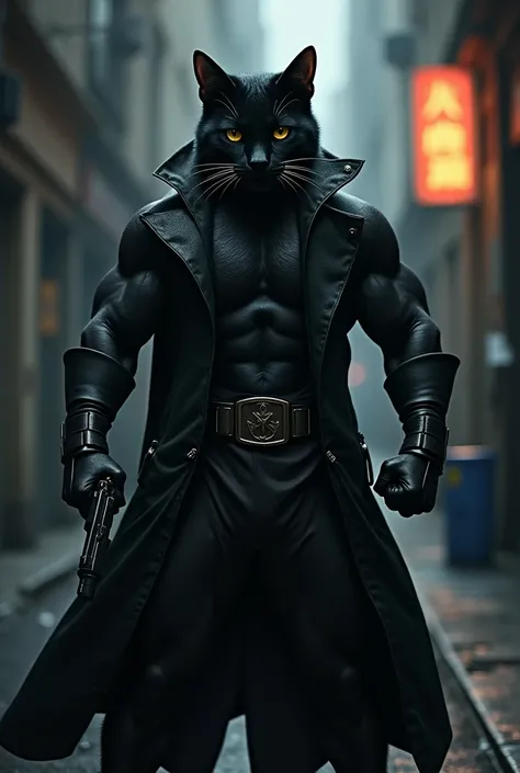 A black male theif cat ,bodybuilder personality, wear shupri look, hold a gun ,