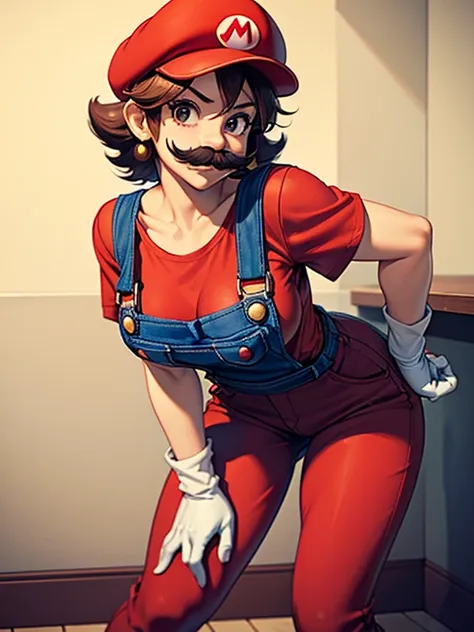 1 girl, (girl cosplaying as mario, a girl dressed as mario has brown short bob hair and brown big eyes:1.4, super cute slightly ...