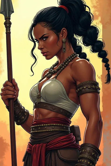 A mestiza warrior woman with African ancestry who has a braided ponytail and a spear in her left hand and the image is in comic book style 
