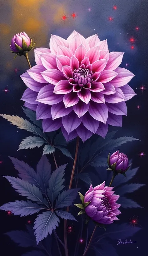 flower, a Dahlia , in the style of violet ,dew-drop,  dreamy and romantic compositions, yellow, ethereal foliage, playful arrangements, fantasy, high contrast, ink strokes, explosions, over exposure, purple and red tone impression , abstract, ((watercolor ...