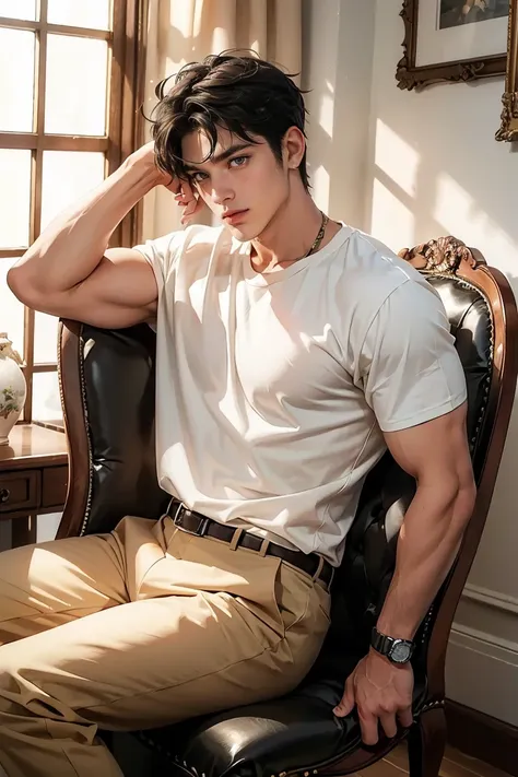 male, 1, big breast , tan skin , short black male style hair, white shirt, sitting on a chair, luxury, muscle,