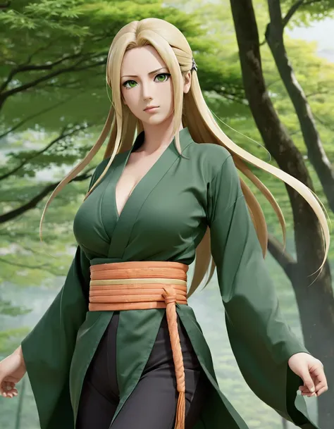 1girl,tsunade,tsunade (naruto),(green japanese clothes:1.5),blonde hair,facial mark,forehead mark,brown eyes,long hair,jewelry,n...