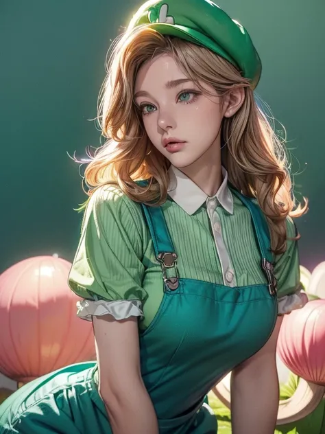 1 girl, (girl cosplaying as Luigi), (a girl dressed as Luigi has blond wavy hair and pale Blue big eyes:1.4, very beautiful slightly narrow face, is wearing Luigis green Casquette, a green shirt, blue overalls, and white gloves), (wearing a fake moustaches...