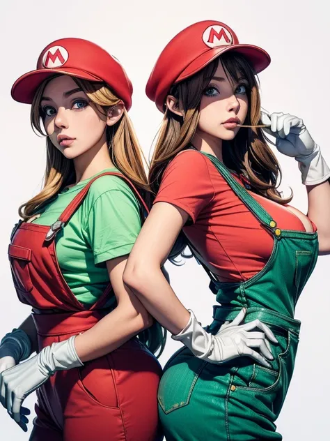 2 girls line up, (girl cosplaying as Mario and girl cosplaying as Luigi), (a girl dressed as Mario has brown bob hair and Brown big eyes:1.4, super cute slightly round face, is wearing Marios red Casquette, a red shirt, blue overalls, and white gloves), (t...