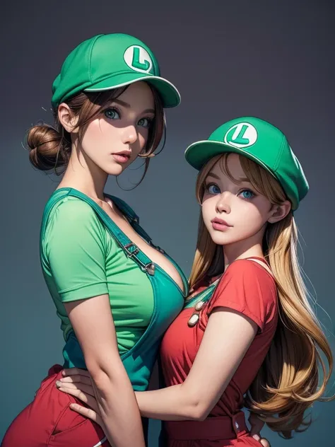 2 girls line up, (girl cosplaying as Mario and girl cosplaying as Luigi), (a girl dressed as Mario has brown bob hair and Brown big eyes:1.4, super cute slightly round face, is wearing Marios red Casquette, a red shirt, blue overalls, and white gloves), (t...