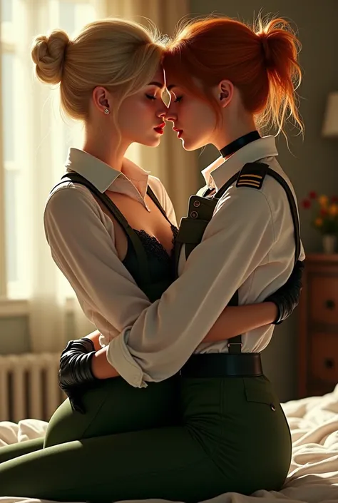 Female military officer with perfect face, blonde hair in messy bun, red lipstick, wearing black high heels, white stockings, army green pencil skirt, white shirt, black lace bra, army green jacket, leather gloves, choker, glasses kissing and hugging with ...