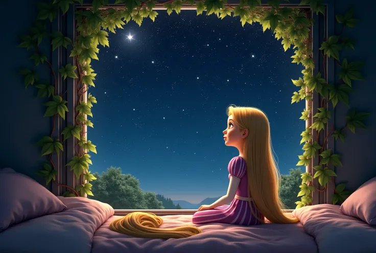 The young Rapunzel opened the window wide. The window was full of beautiful vines climbing on the windowsill. Outside the window, there were stars twinkling in the sky. There was a soft bed where the young Rapunzel sat looking at the stars.