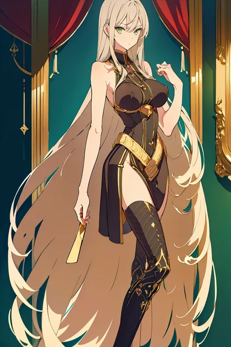 ((Best Quality)), ((masterpiece)), (Familiar), Lusamine,thin,thin,Long blonde hair,Small breasts,Erect nipples,Adult female,Green Eyes,Slanted Eyes,Sleeveless dress,Black Dress,Gold embroidery,White pants style,High heels,Fascinating
