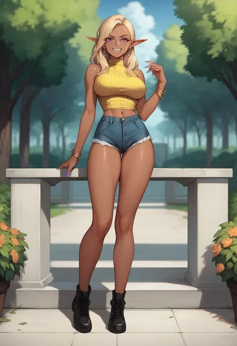 ((High Quality image 10k)) (( perfect autonomy)) Masterpiece, Solo girl, dark tan skin, blonde hair purple eyes, elf ears ,evil smug grin, wearing yellow sleeveless shirt, blue jean shorts, shorts coming off, cute panties, beautiful legs, full body, Standi...