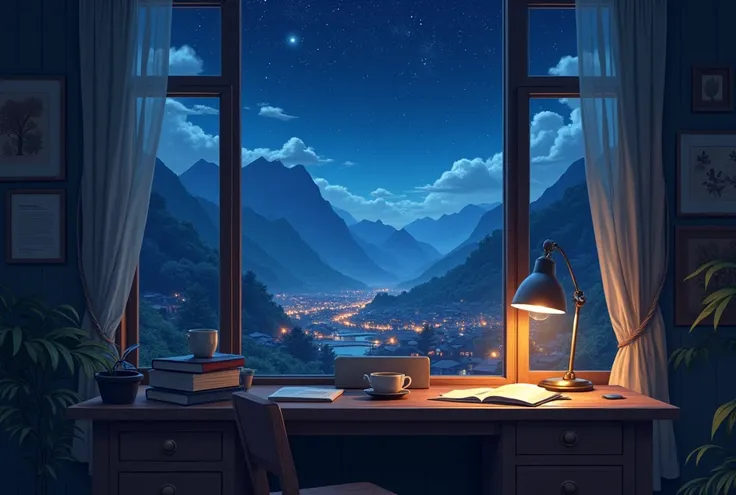 The desk is next to the window. Outside the window, there are mountains, a rural village at night, and the sky is full of twinkling stars.