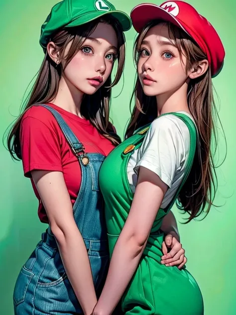 2 girls line up, (girl cosplaying as Mario and girl cosplaying as Luigi, Theyre both about to kiss), (a girl dressed as Mario has brown bob hair and Brown big eyes:1.4, super cute slightly round face, is wearing Marios red Casquette, a red shirt, blue over...