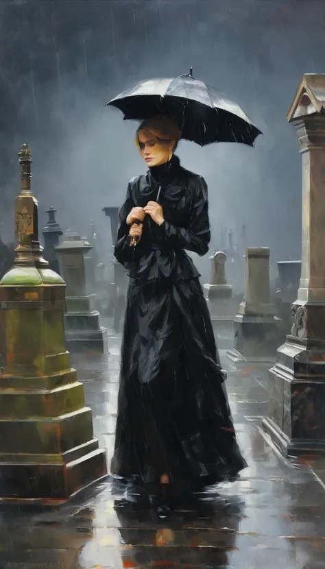 lady in mourning clothes,cemetery in the rain,oil painting