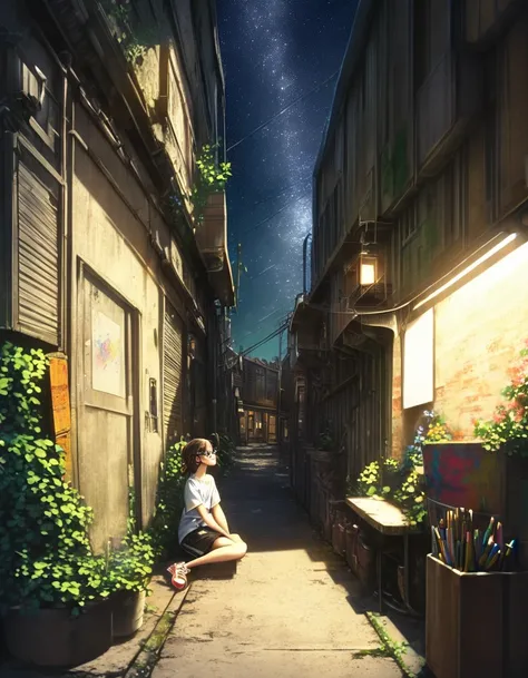 Very detailed:1.3, (absurd, Texture, masterpiece), pixiv contest winner, John Burkey, Dynamic cartoon style illustration of a girl wearing glasses,Sit cross-legged, Starry sky,Dark aesthetics,Cheerful,Oversized T-shirts,Black shorts,Beautiful woman,Old all...