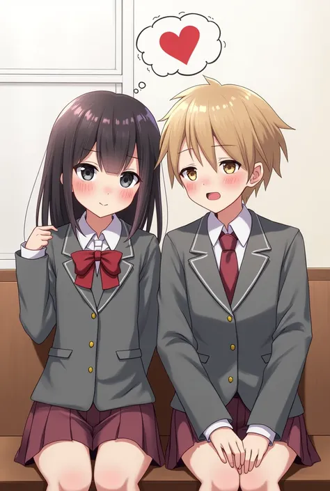 2 students in uniform ..sitting side by side The girl is flustered as red and embarrassed

And the boy have a bubble thought on his head with heart
